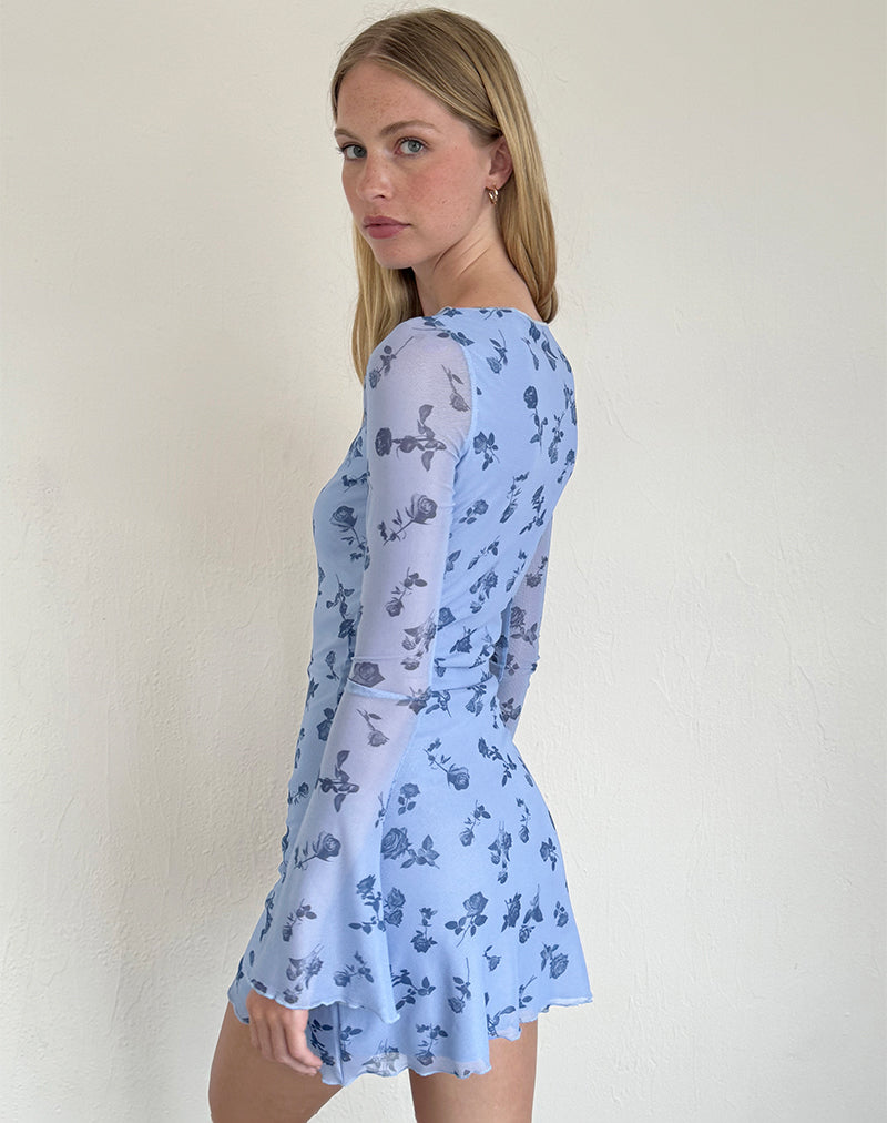 Image of Sevila Long Sleeve Mini Dress in Inky Blue Floral Mesh