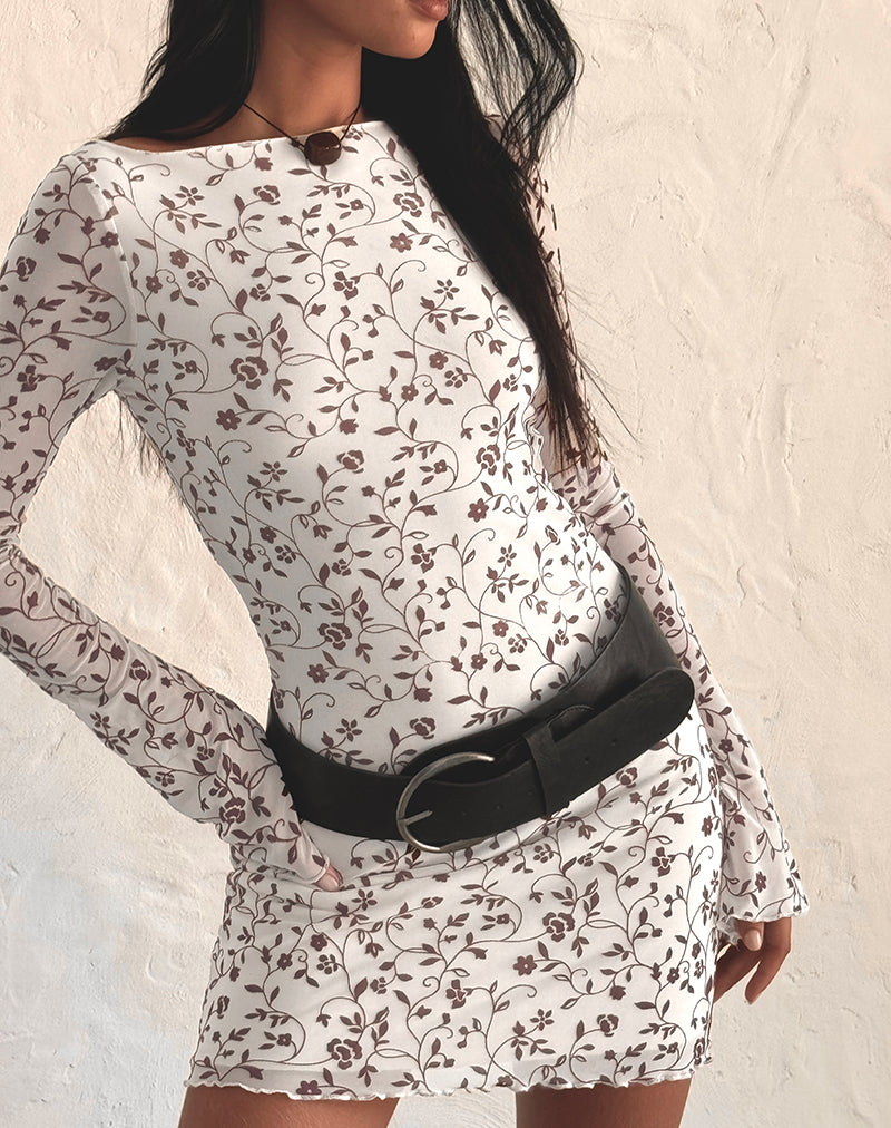 Image of Sevila Long Sleeve Mini Dress in Stem Flower Flock Brown