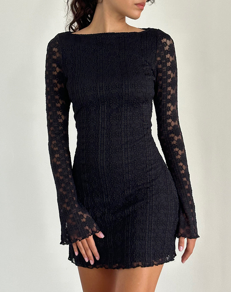 Black Regal Lace Long Sleeve Mini Dress