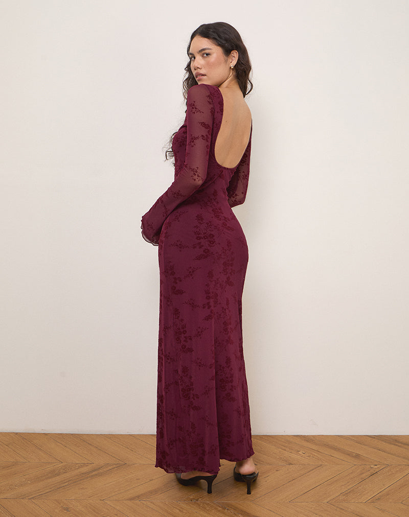 motel rocks burgundy dress Tarna Bardot Maxi Dress in Mesh Burgundy