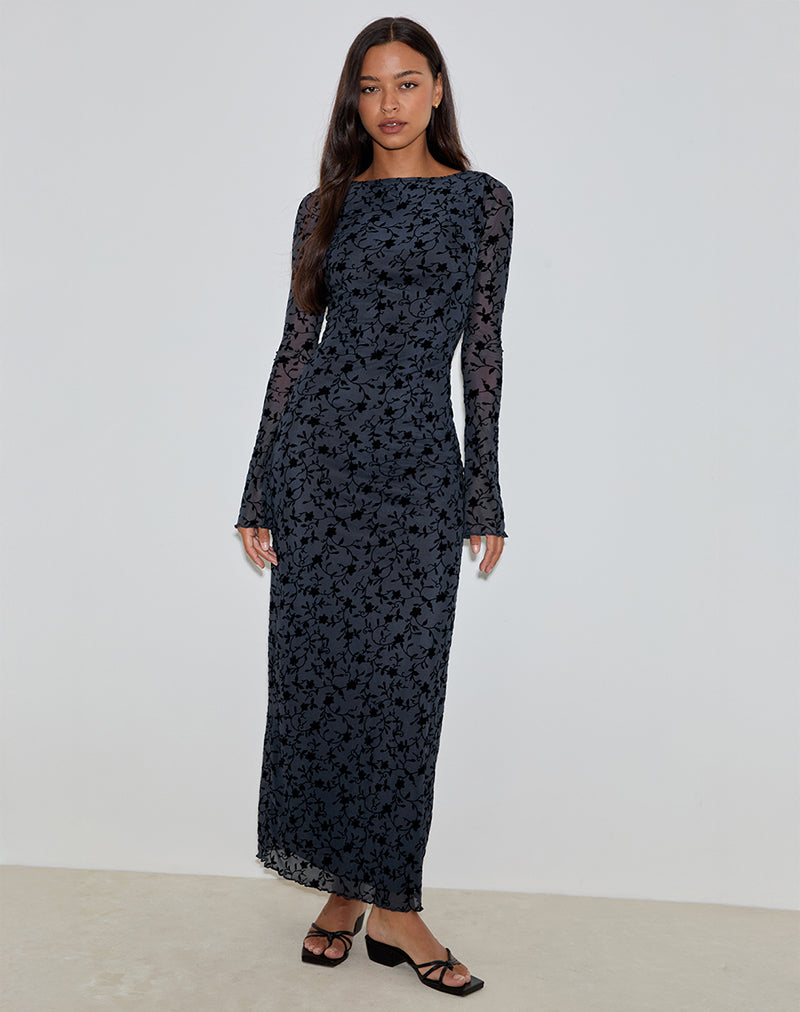 Navy Blue Floral Printed Maxi Dress