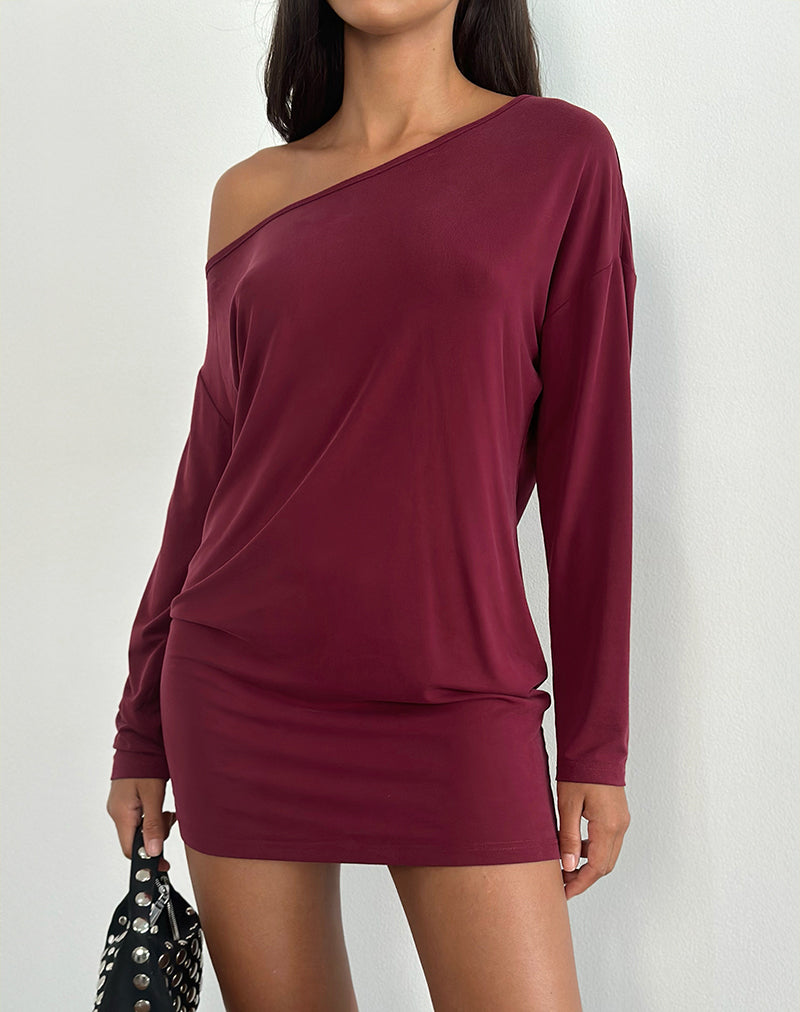 Deep Red Slouchy Long Sleeve Mini Dress