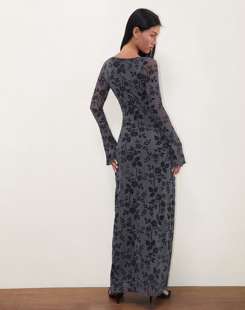 Dark Grey Flocked Floral Long Sleeve Maxi Dress | Slokya motelrocks.com Dark Grey Flocked Floral Long Sleeve Maxi Dress | Slokya motelrocks.com