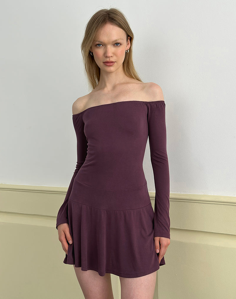 Deep Purple Cupro Bardot Long Sleeve Mini Dress Somiah - Main Image