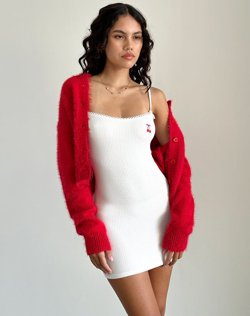 Off White with Cherry Emb Mini Dress
