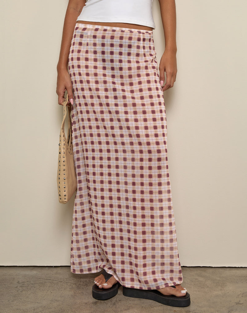 Peach Chiffon Blurred Check Print Maxi Skirt | Surina – motelrocks.com