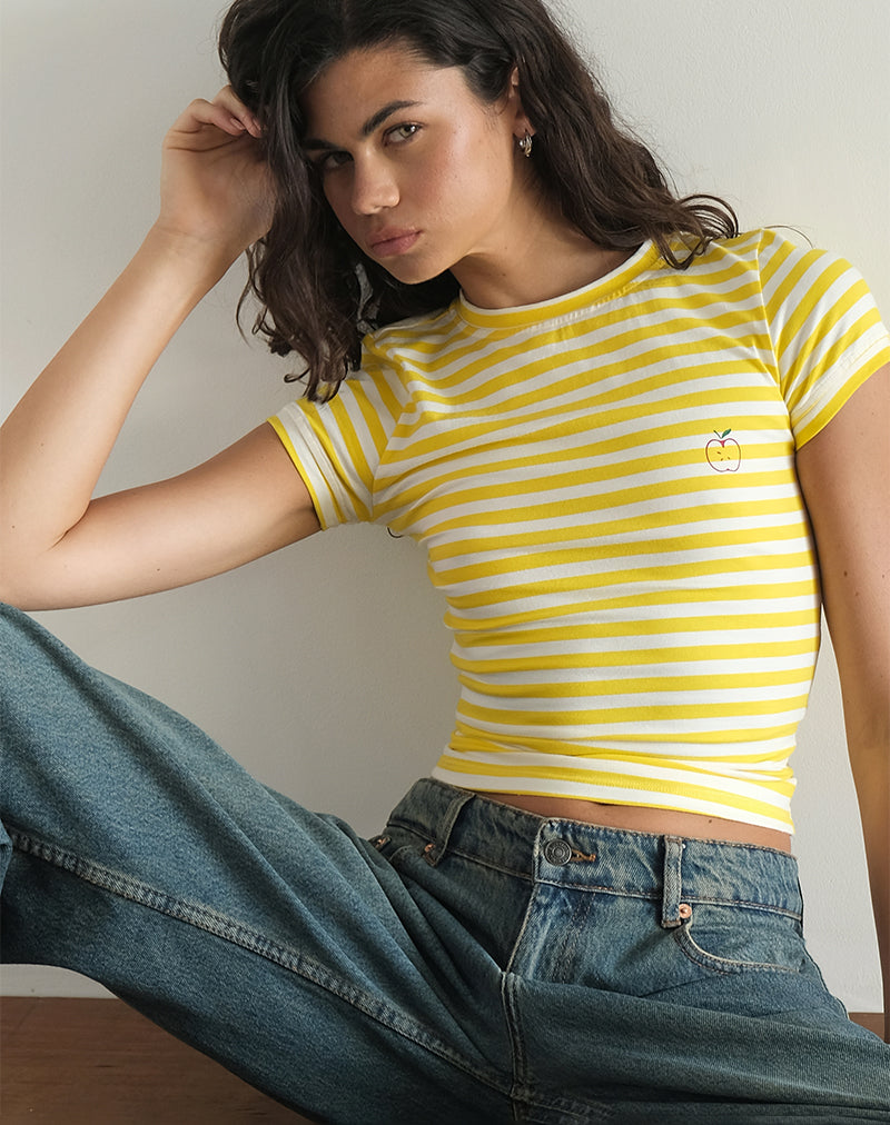 image of Sutin Tee in Yellow with White Stripe Apple Print
