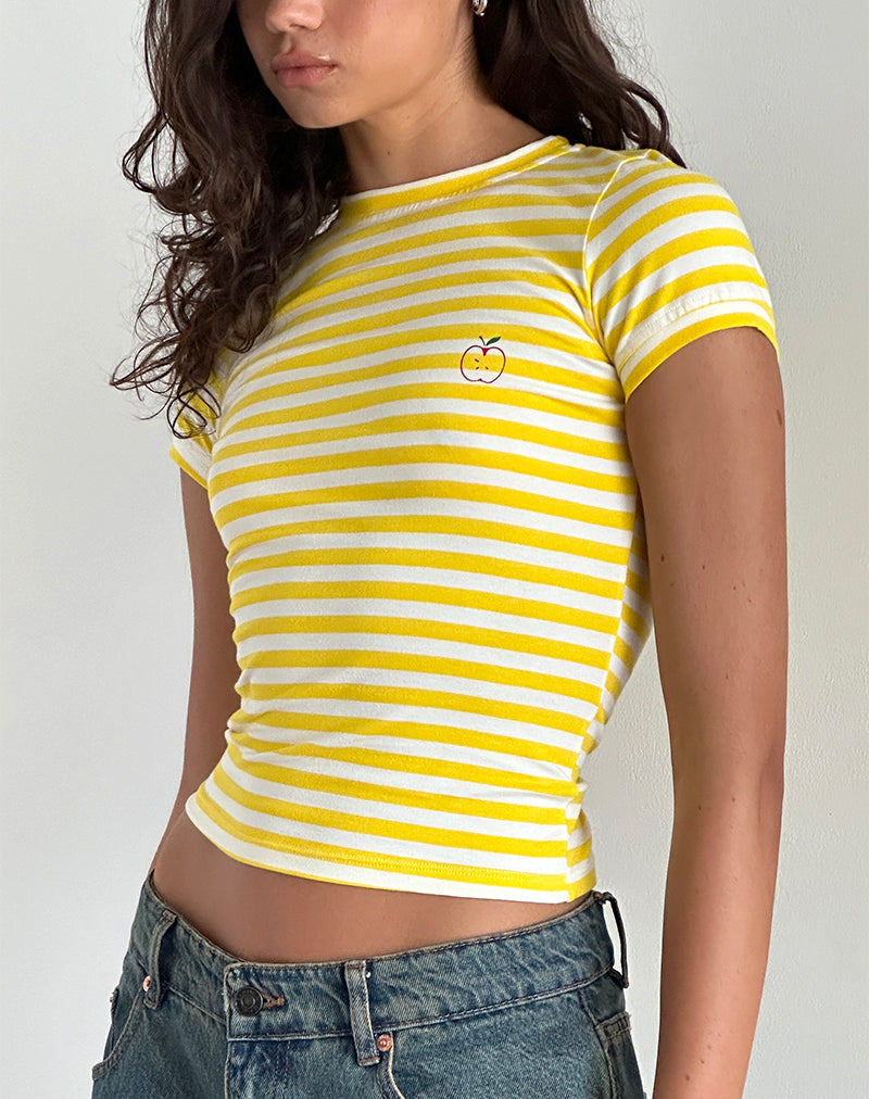 image of Sutin Tee in Yellow with White Stripe Apple Print