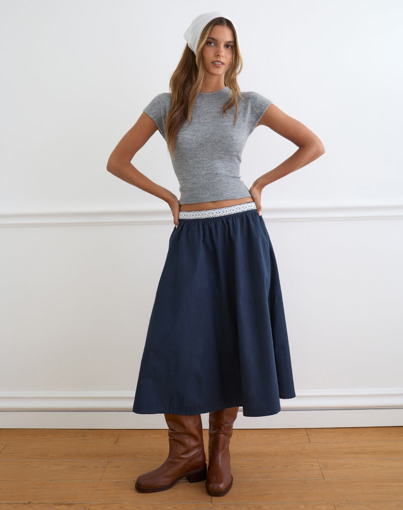スカート MADISON BLUE LACE PLEATS SKIRT KHAKI Dark Navy Poplin Loose Fit with Lace Trim Midi Skirt | Takira