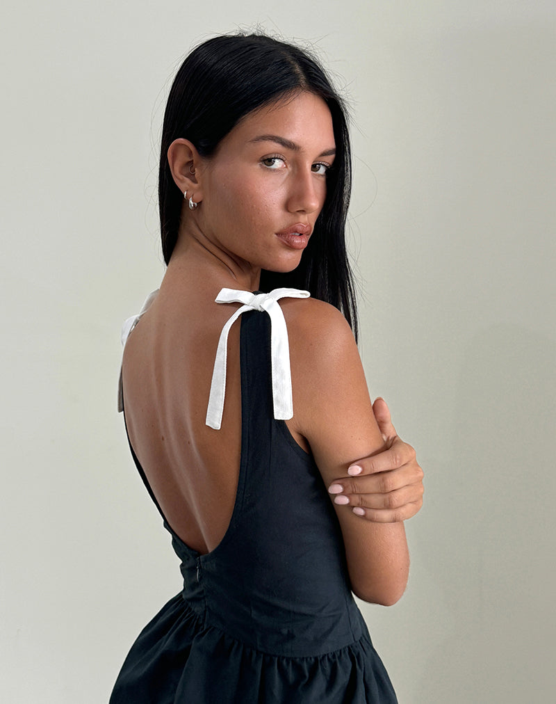 black mini dress with white bow in back Miss Selfridge bow back mini dress in black