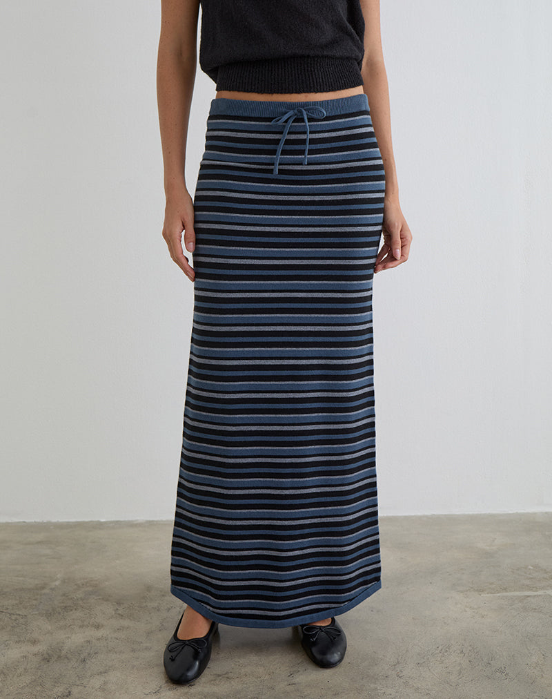 Blue and Grey Striped Knit Maxi Skirt | Tarmina – motelrocks.com
