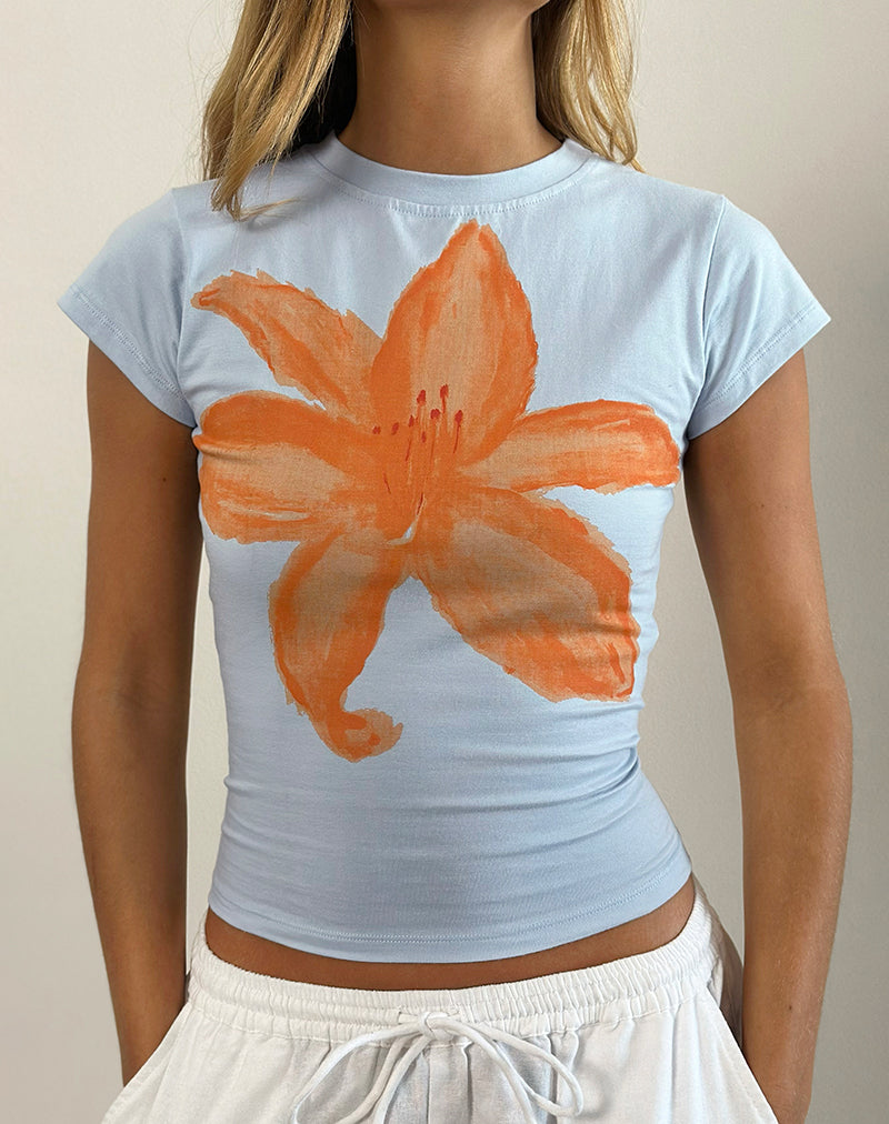Blue Tee with Orange Painted Flower | Tiona – motelrocks.com