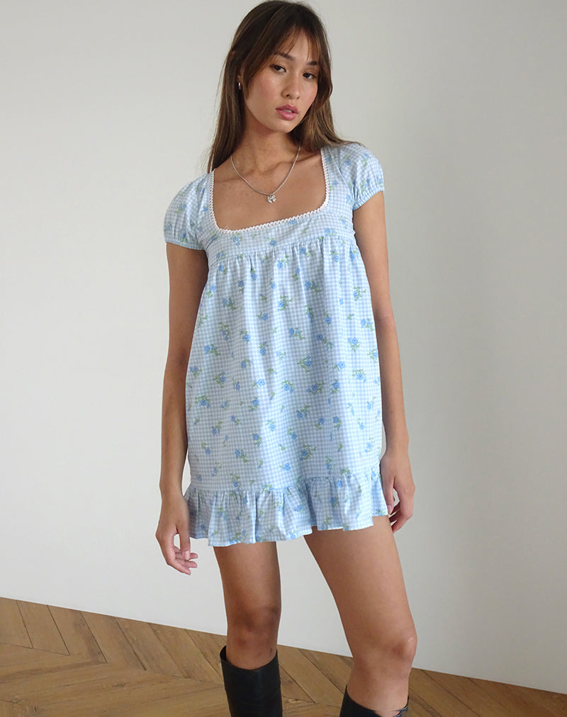 Trim Mini Dress in Blue Flower Gingham Trim Mini Dress in Blue Flower Gingham