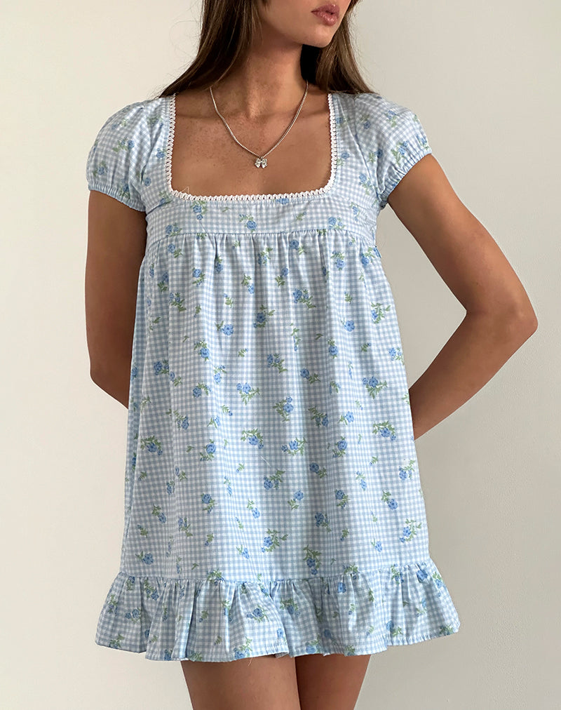 Blue Flower Gingham Mini Dress | Trim motelrocks.com Blue Flower Gingham Mini Dress | Trim motelrocks.com