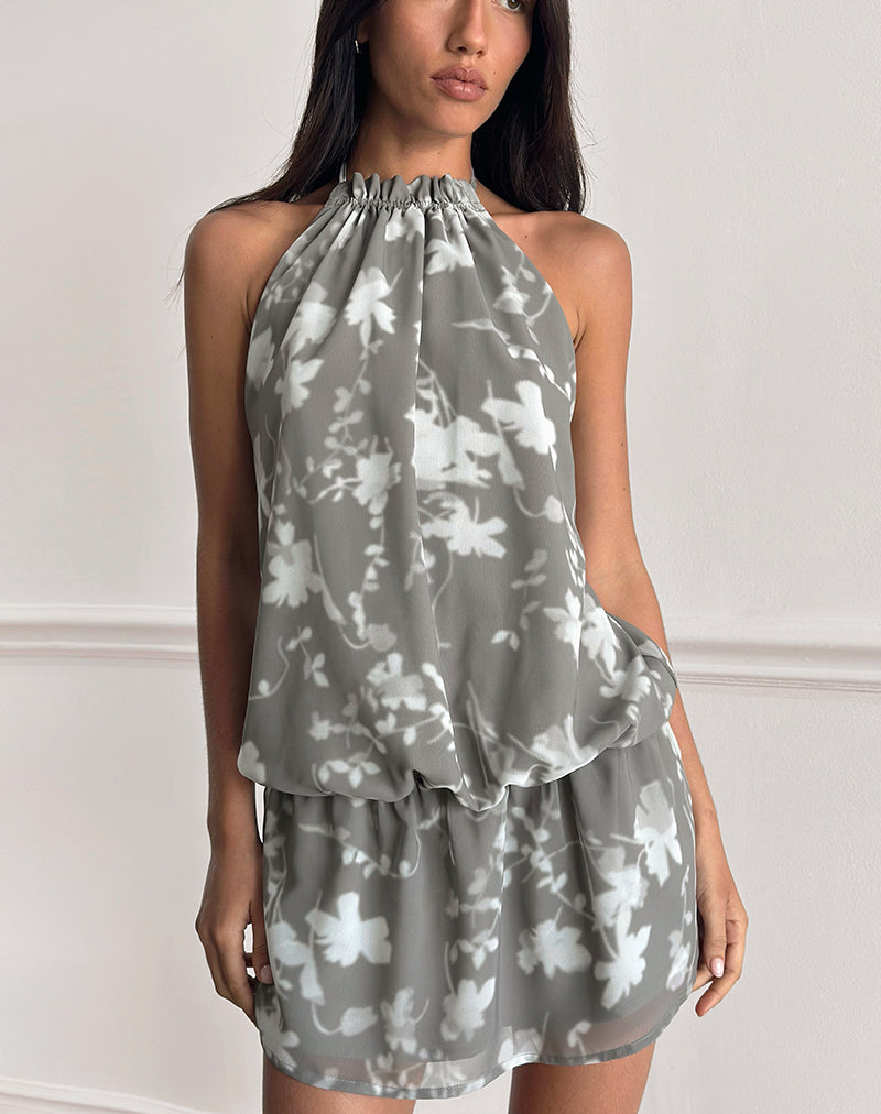 Grey Blurred Floral Halterneck Mini Dress
