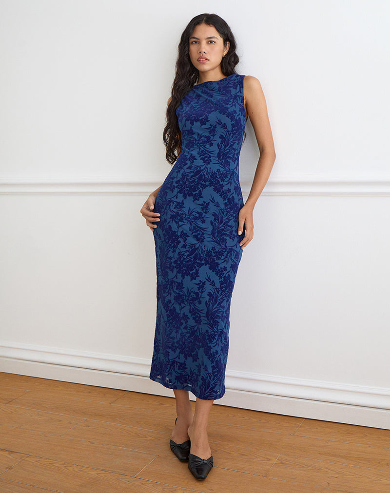 Navy Midnight Leaf Flock Maxi Dress