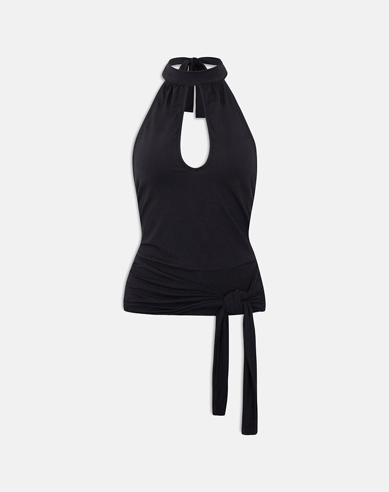 Black Jersey Keyhole Halter Neck Top | Verbina – motelrocks.com