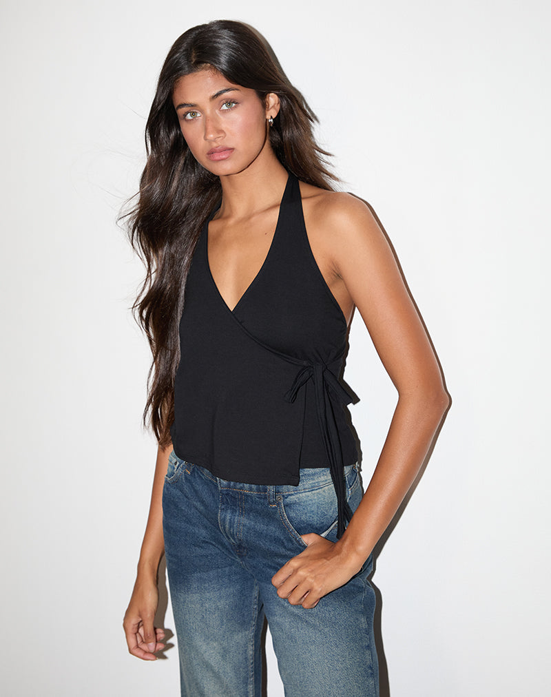 Black Jersey Halter Neck Wrap Top | Wisty – motelrocks.com