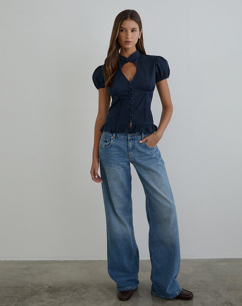 Dark Navy Puff Sleeve Keyhole Blouse | Yamila – motelrocks.com