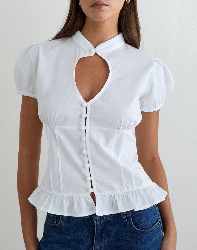 White Puff Sleeve Keyhole Blouse | Yamila – motelrocks.com