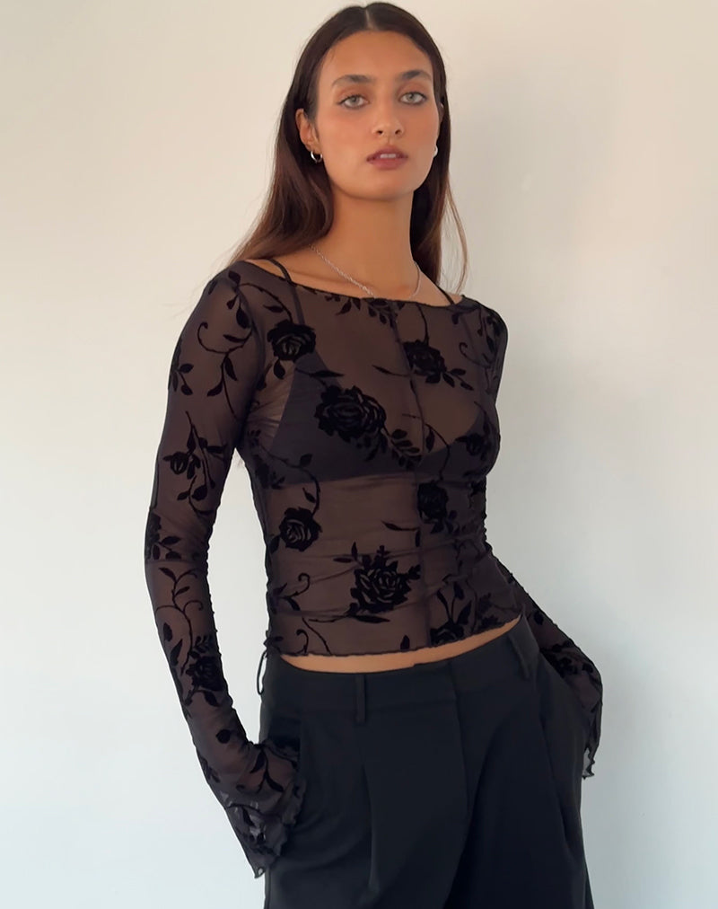 Black Rose Flock Unlined Long Sleeve Top | Zerlin – motelrocks.com