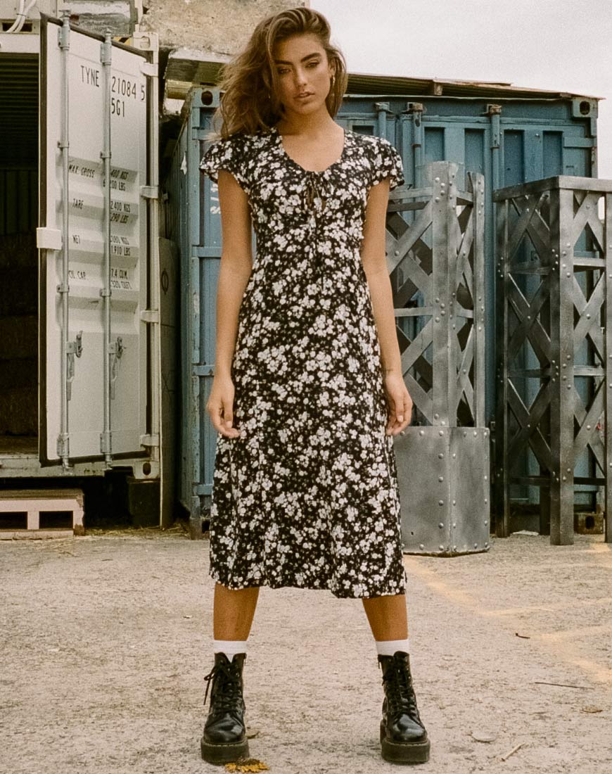 motel rocks floral midi dress Motel Gabriela flocked floral V-neck midi dress in burgundy-Red