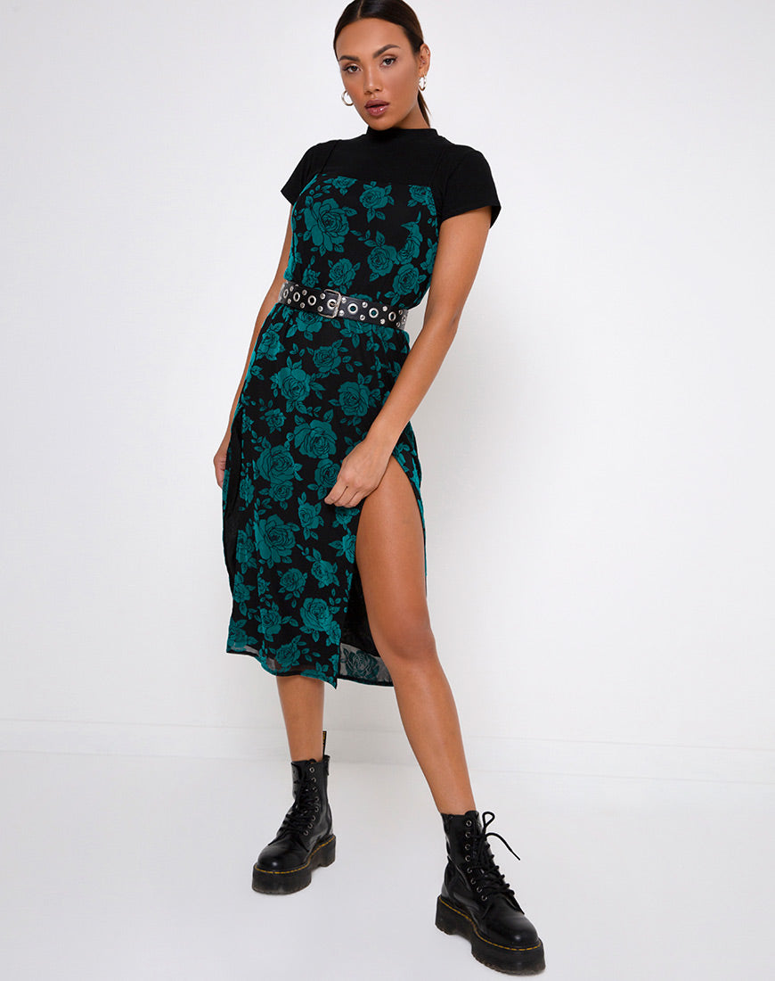 black and teal dress Black Teal Floral Midi Dress