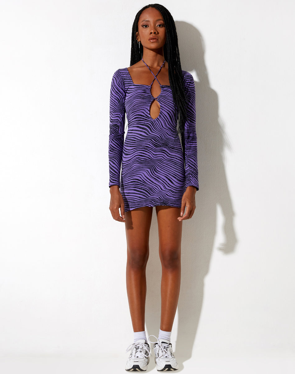 Long Sleeve Purple Swirl Print Bodycon Dress Delray