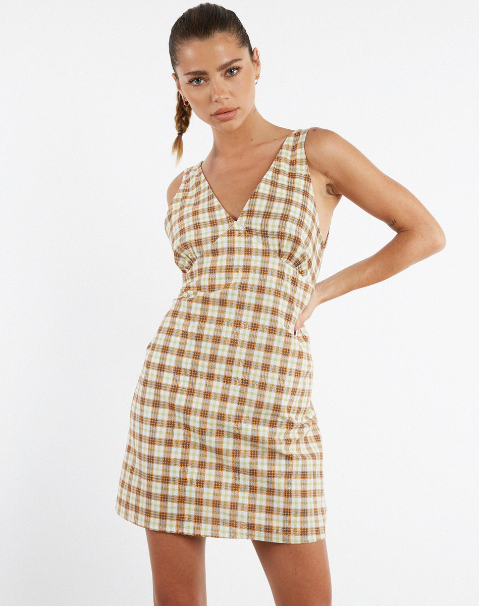 Yellow and Brown Plunge V-neckline Check Print Day Dress