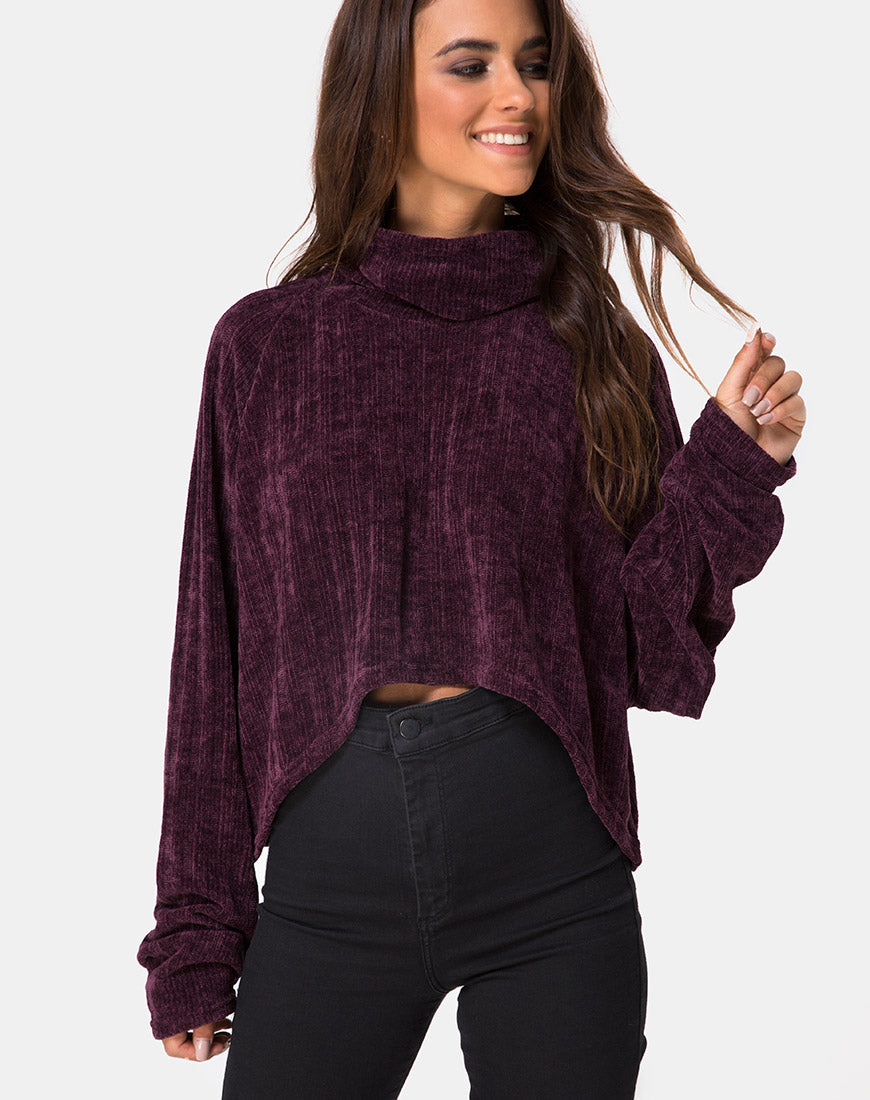 Evie Cropped Sweatshirt in Chenille Plum – - Main Image