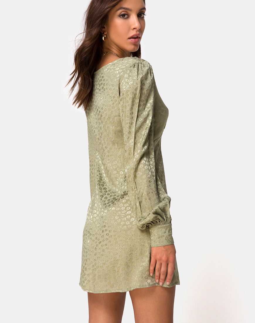Long Sleeve Satin Sage Green Skater Dress