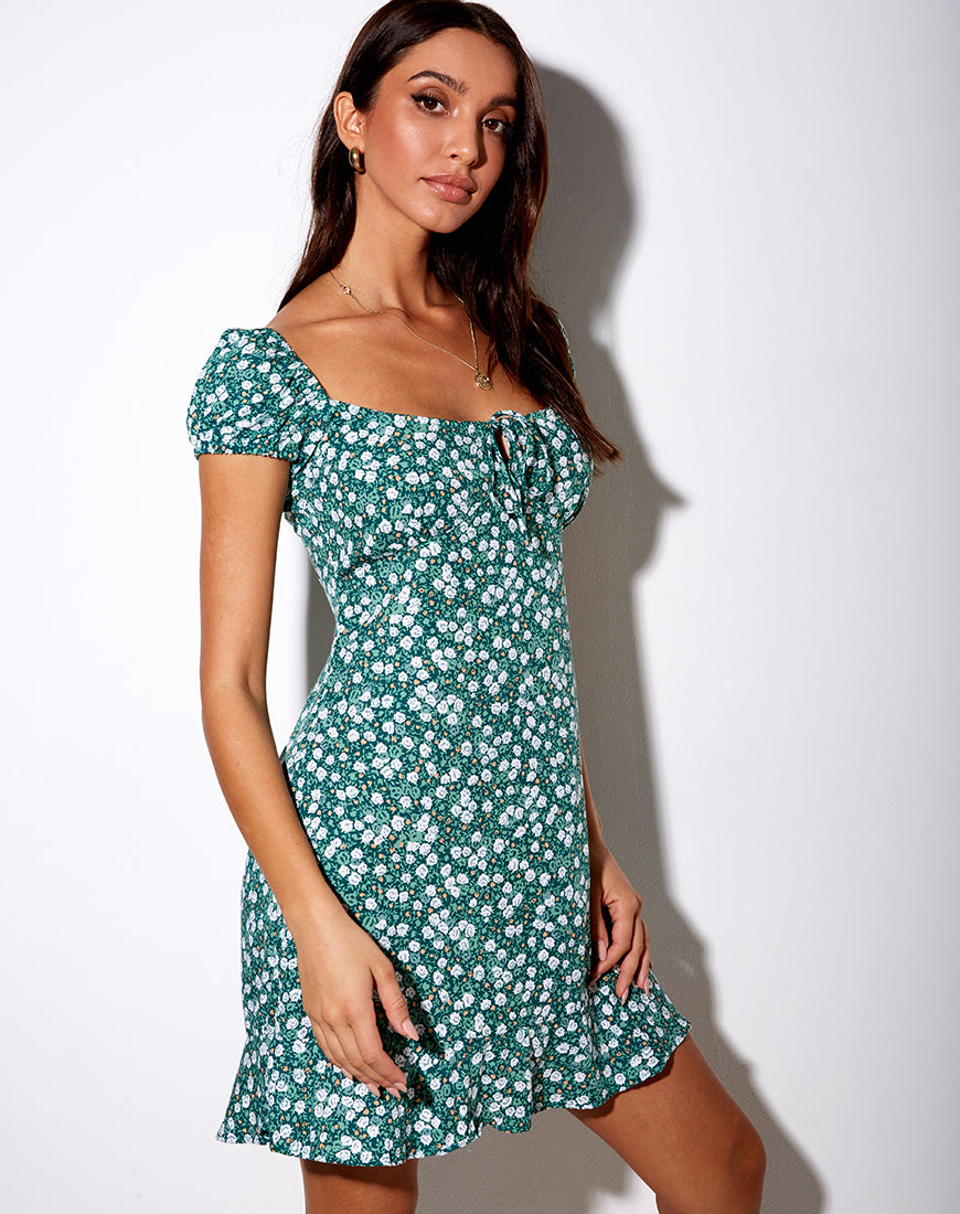 Galaca Mini Dress in Floral Field Green Galaca Mini Dress in Floral Field Green
