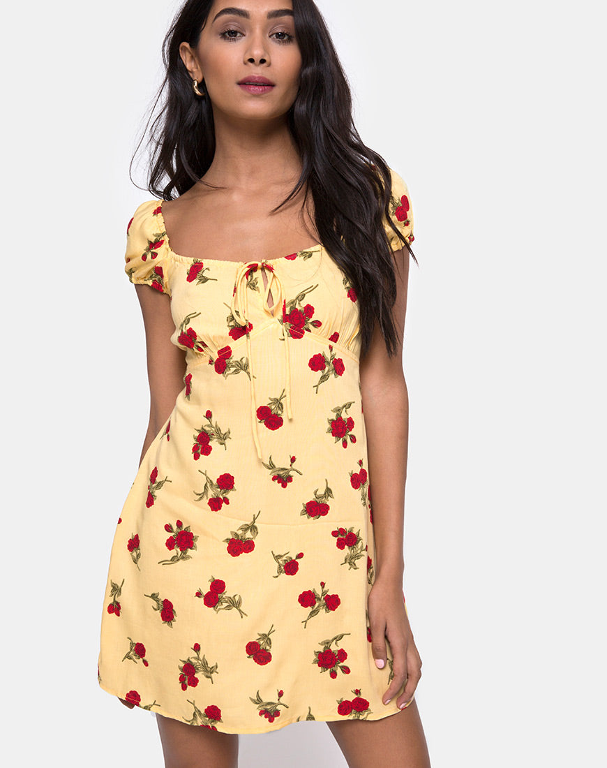 Gaval Mini Dress in Falling Rose Yellow Gaval Mini Dress in Falling Rose Yellow