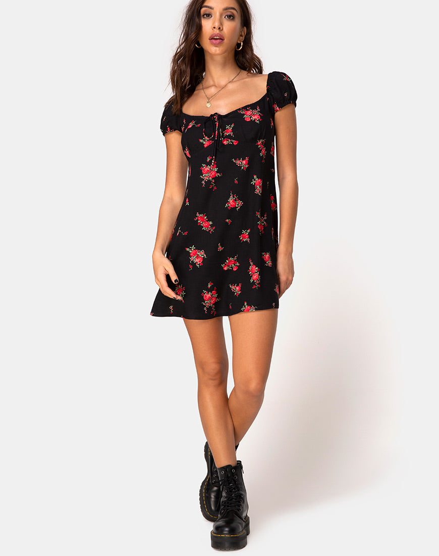 motel rocks gaval mini dress Red Black Floral Capped Sleeved Mini Dress