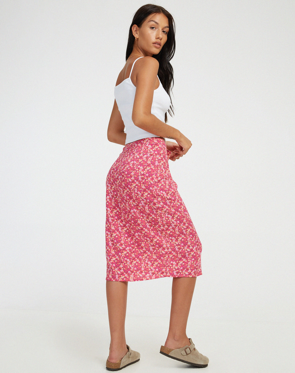 Harriet Midi Skirt in Ditsy Floral Pink - Main Image