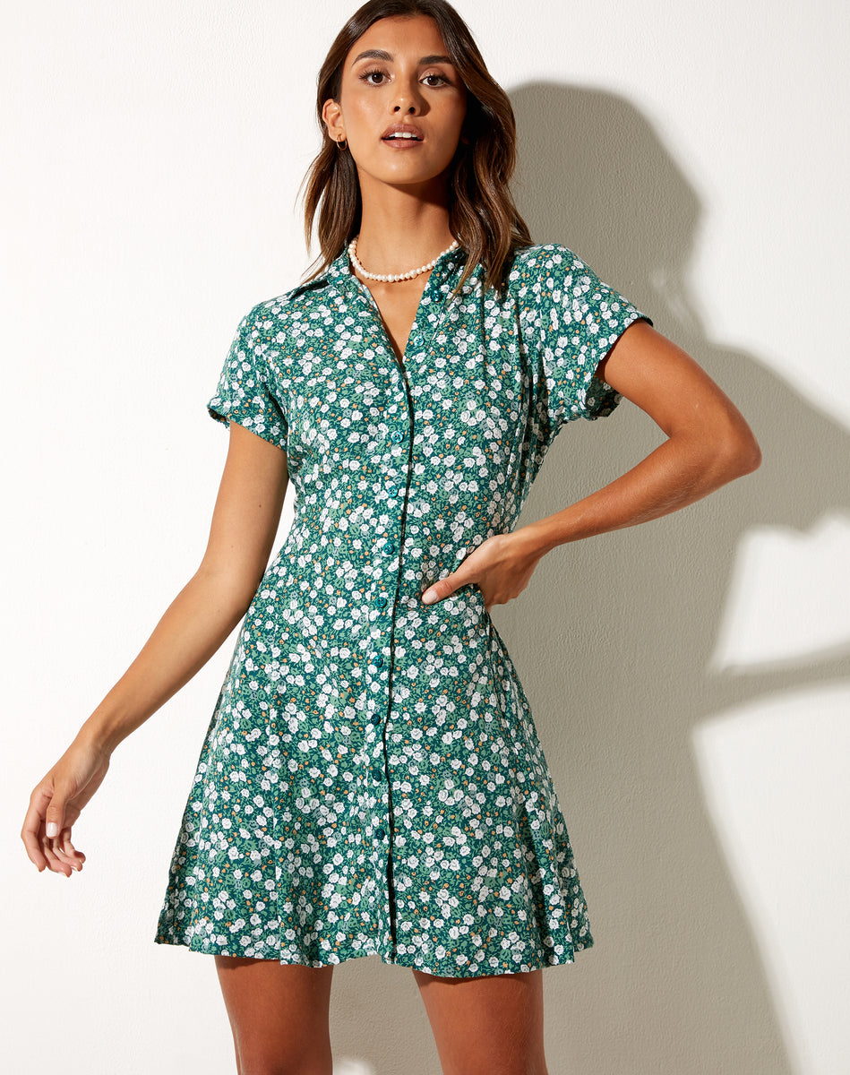 Green Floral Print Button Up Short Sleeve Mini Dress