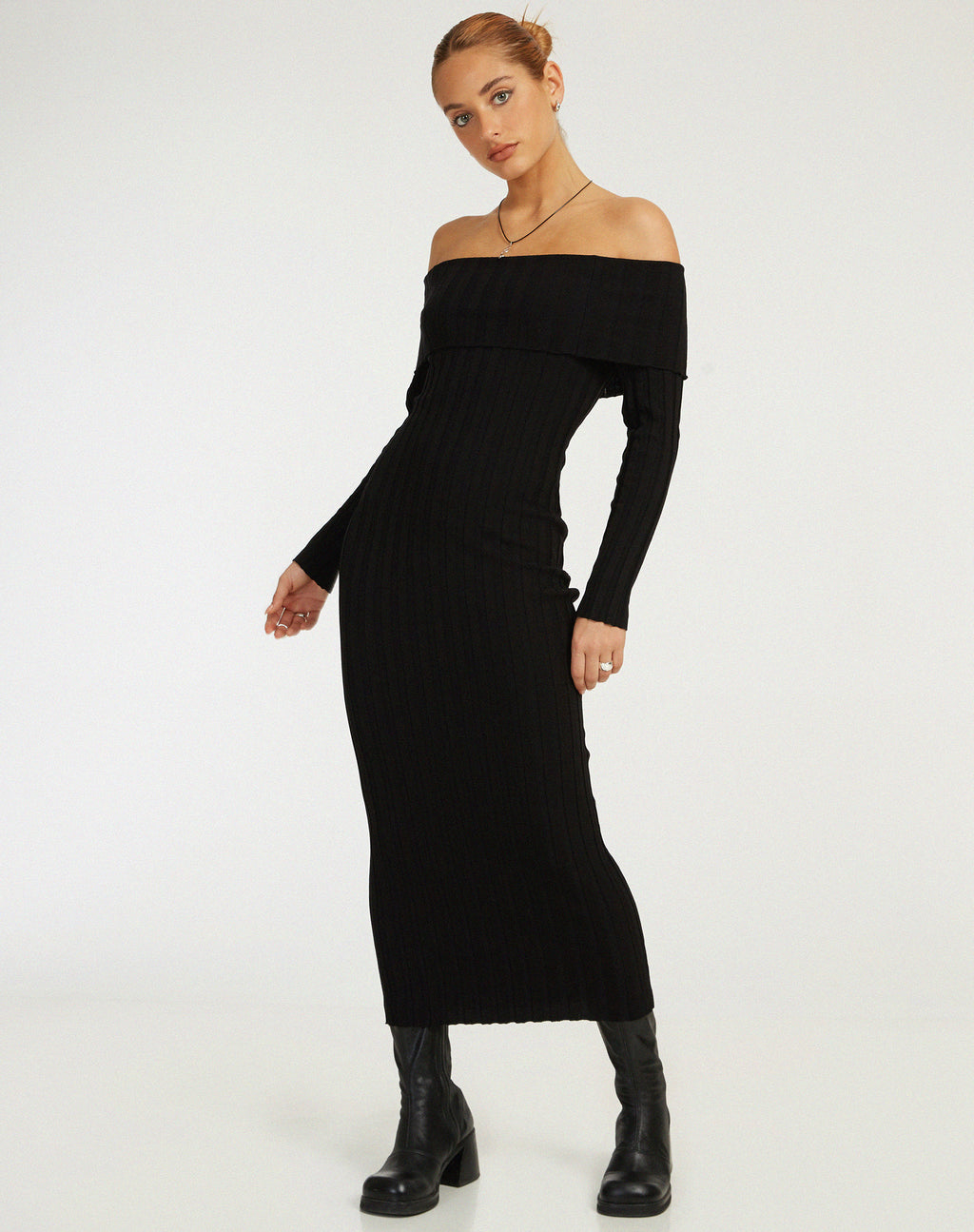Jesuita Bardot Knitted Midi Dress in Black