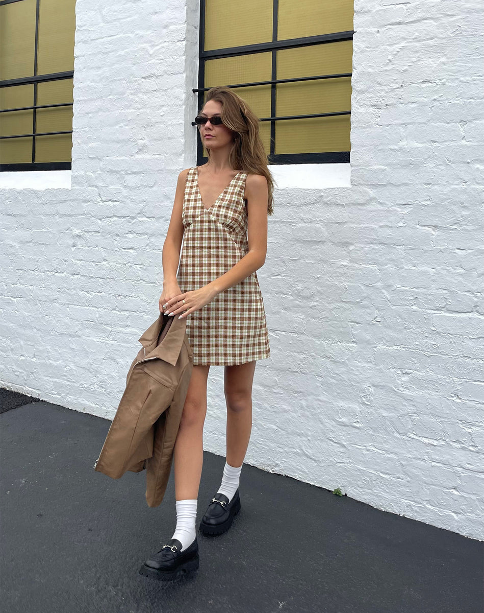 Yellow and Brown Plunge V-neckline Check Print Day Dress | Eluned   motelrocks.com