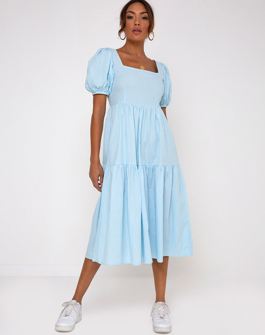 light blue midi dress casual AKOEE Women's Floral Midi Dress Square Neck Short Sleeve Holiday Vacation Tiered Dress Casual Summer Flowy Sundress (2xl, Light Blue-Solid)