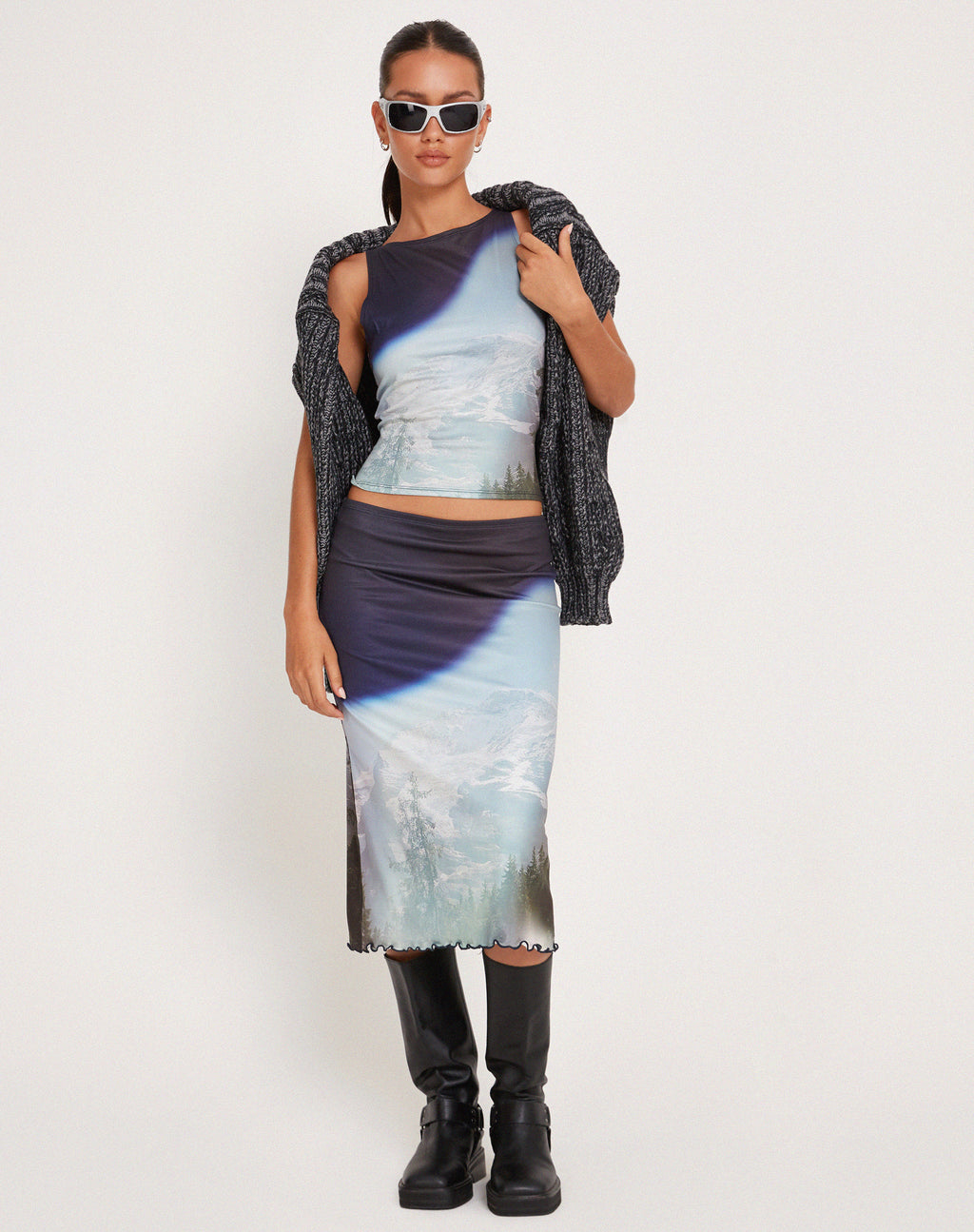 Rujha Midi Skirt in Abstract Landscape Collage