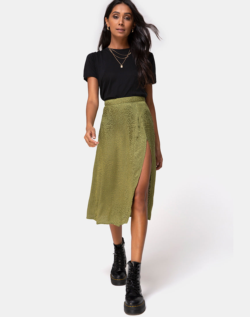 Khaki Cheetah Midi Skirt Saika – - Main Image
