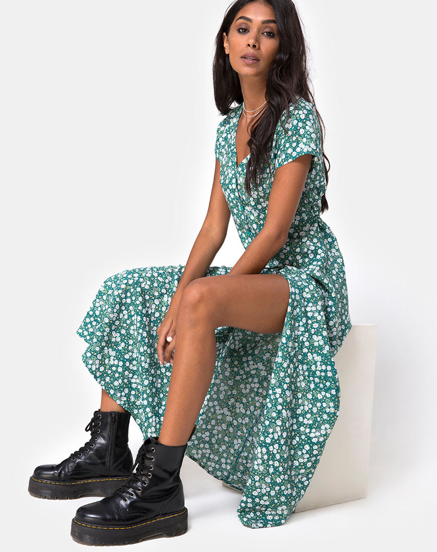 Sanrin Midi Dress in Floral Field Green Sanrin Midi Dress in Floral Field Green