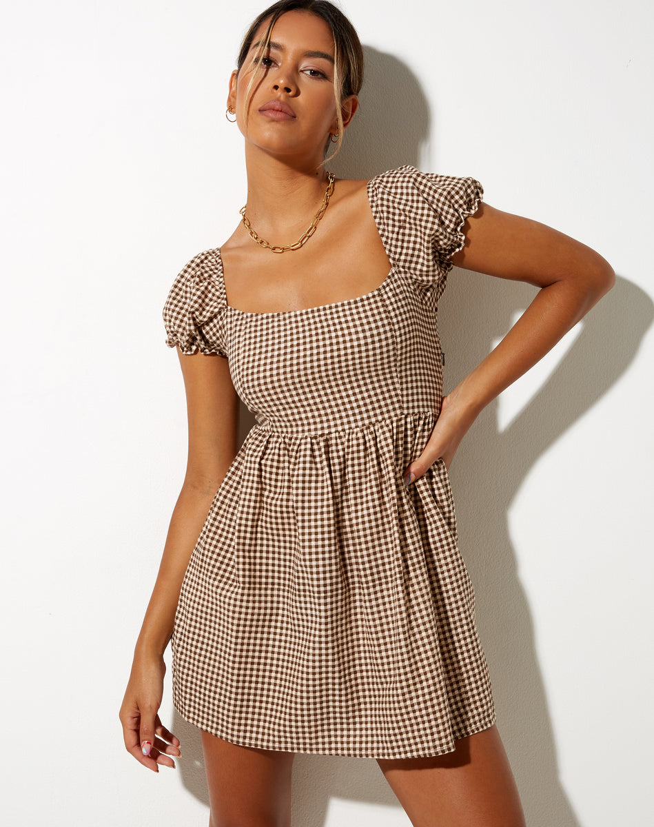 strapless open back dress Sanaly Mini Dress in Mini Gingham Brown