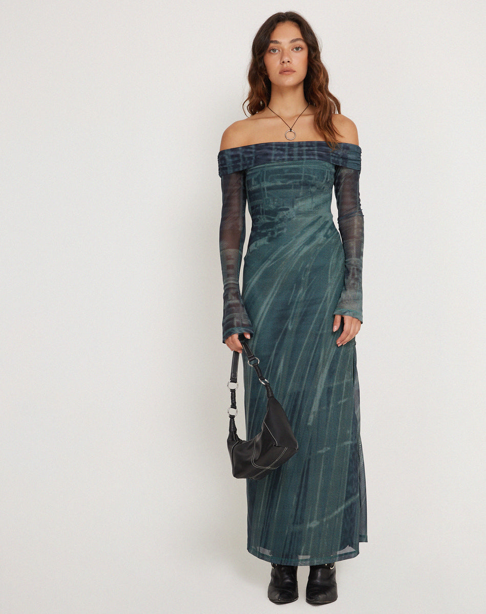 Terra Bardot Midi Dress in Cityscape Green Terra Bardot Midi Dress in Cityscape Green