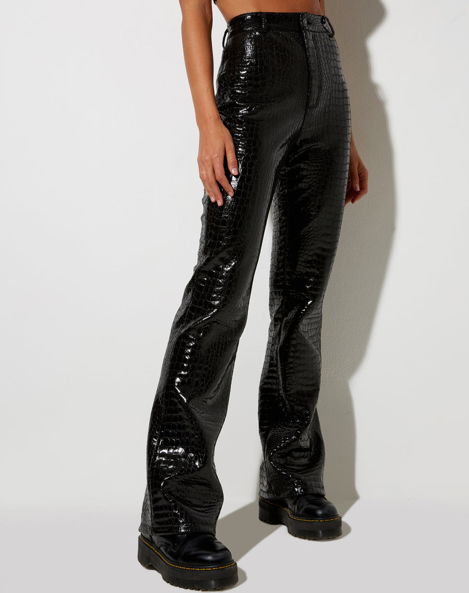 Black Croc Faux Patent Leather High Waisted Flared Trousers