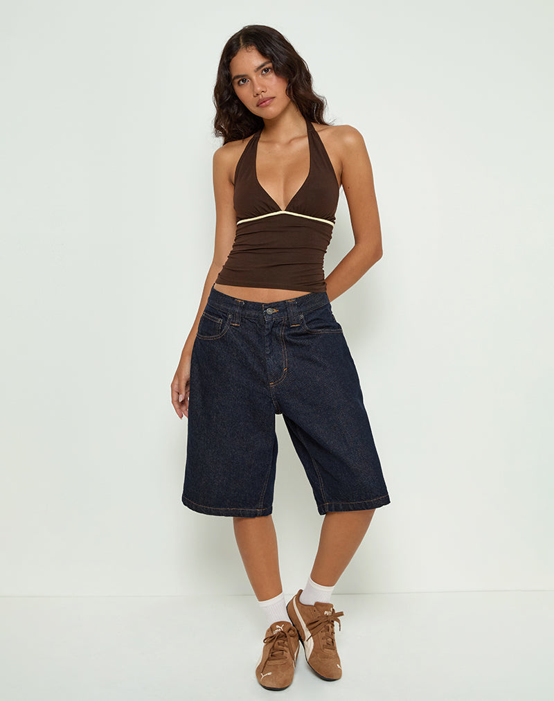 Image of Abeth Halterneck Top in Chocolate Brown with Lemon Piping