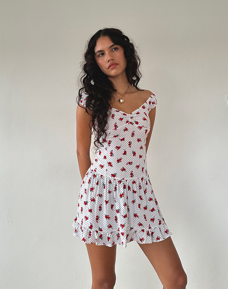 Image of Aca Bardot Mini Dress in White Rose Polka