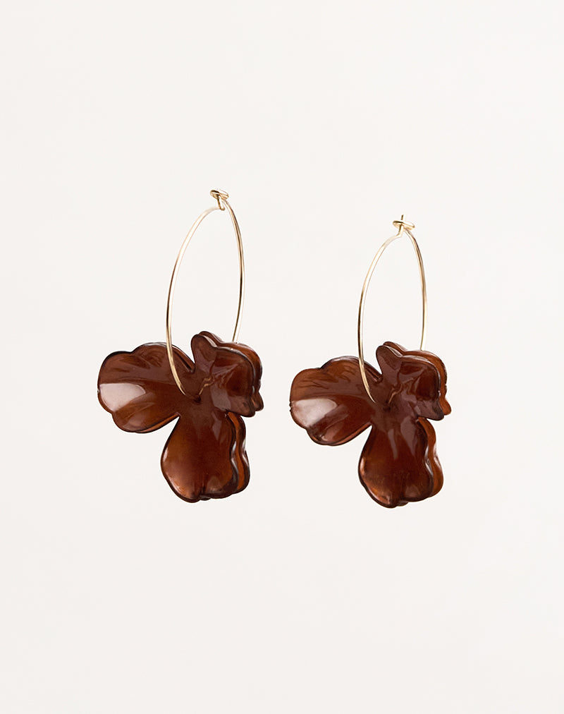 Image of Acrylic Brown Flower Gold Hoop Earrings