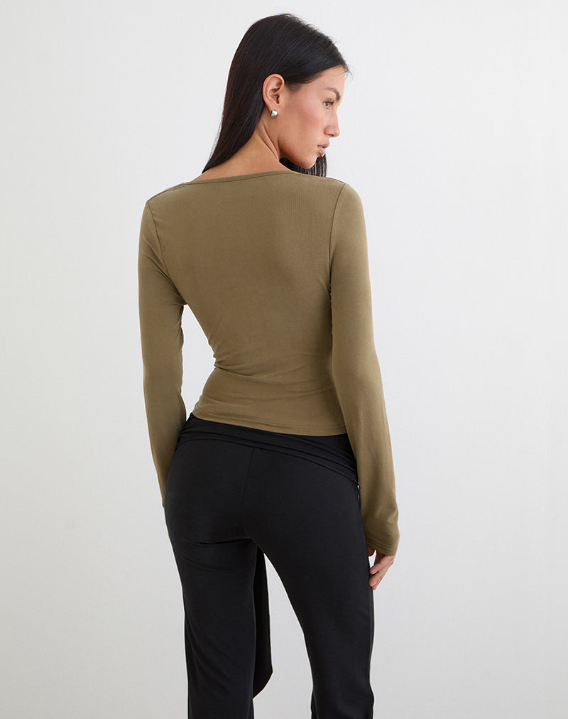 Image of Adaya Long Sleeve Cowl Top in Cupro Olive Stone