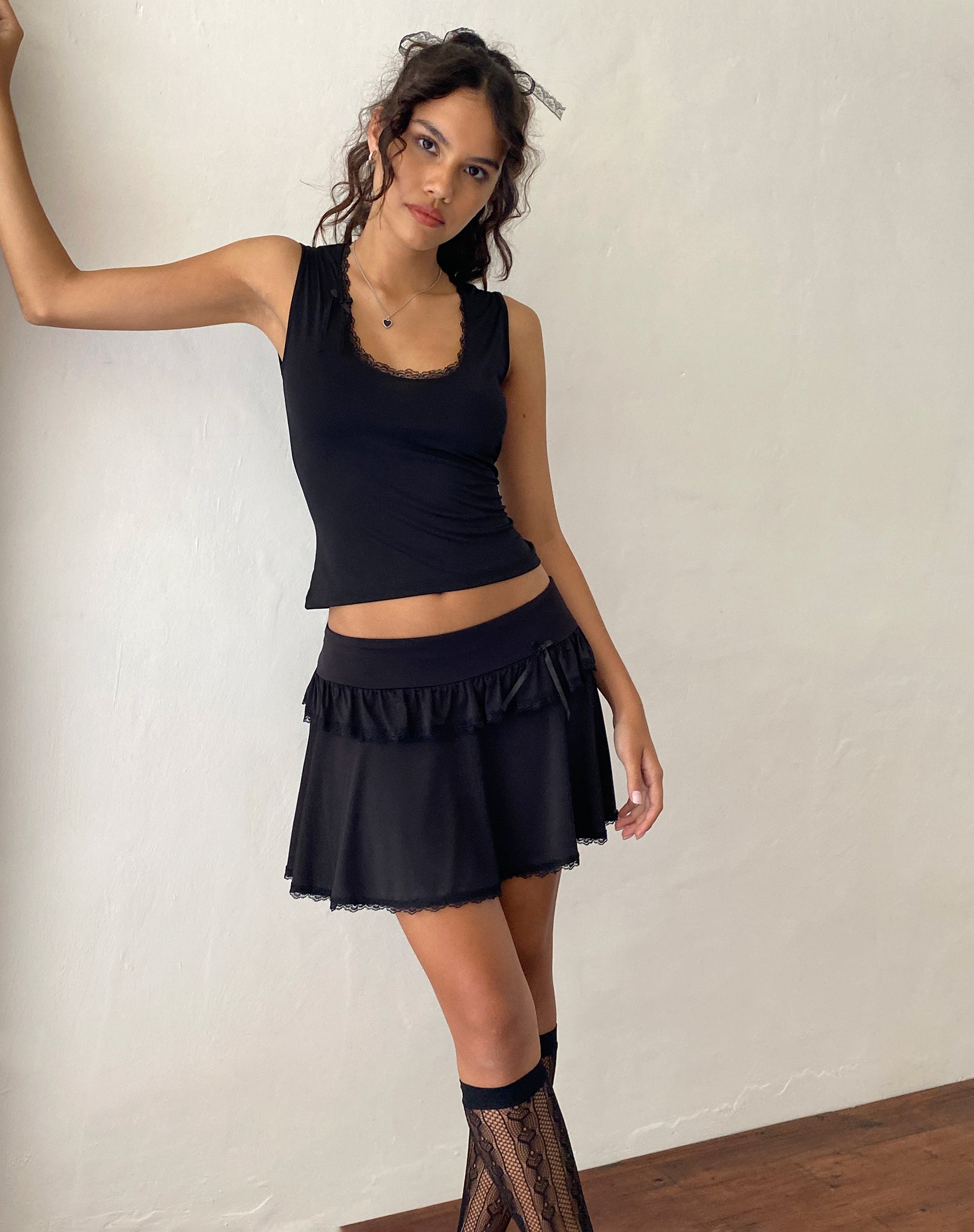 Image of Addalyn Lace Trim Mini Skirt in Black